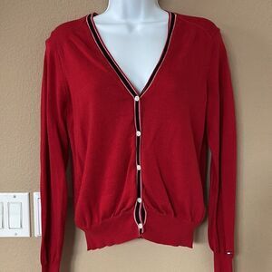 Red Cardigan Sweater Tommy Hilfiger Vintage 90s Striped 100% Cotton Sz Small‎